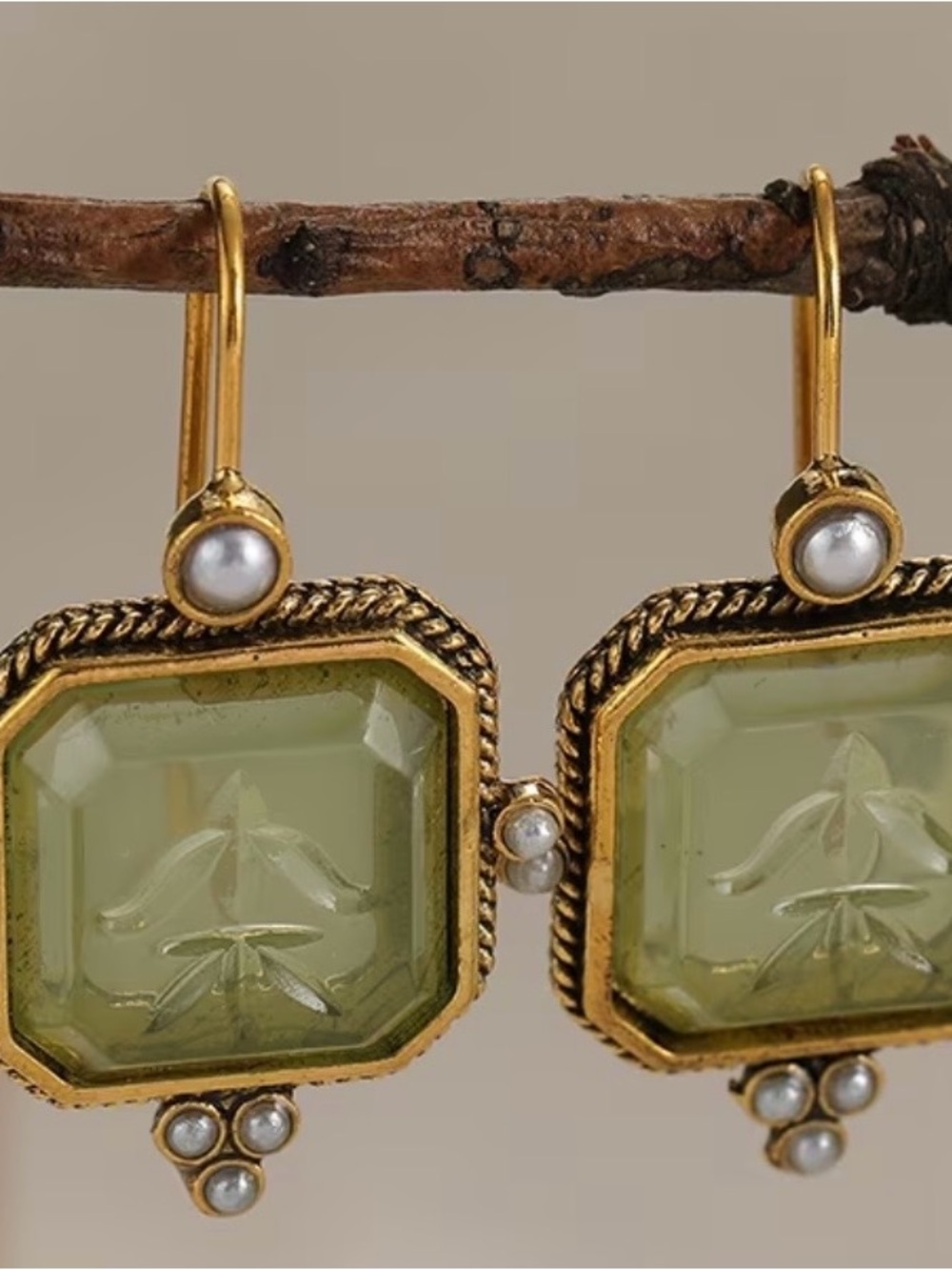 Gold-Tone Drop Earrings with Pale Green Glass and Pearl Accents
